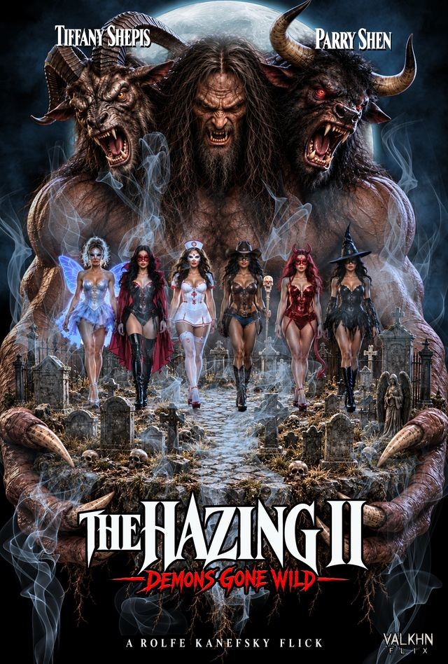 The Hazing II poster with the three-headed demon above six pledges