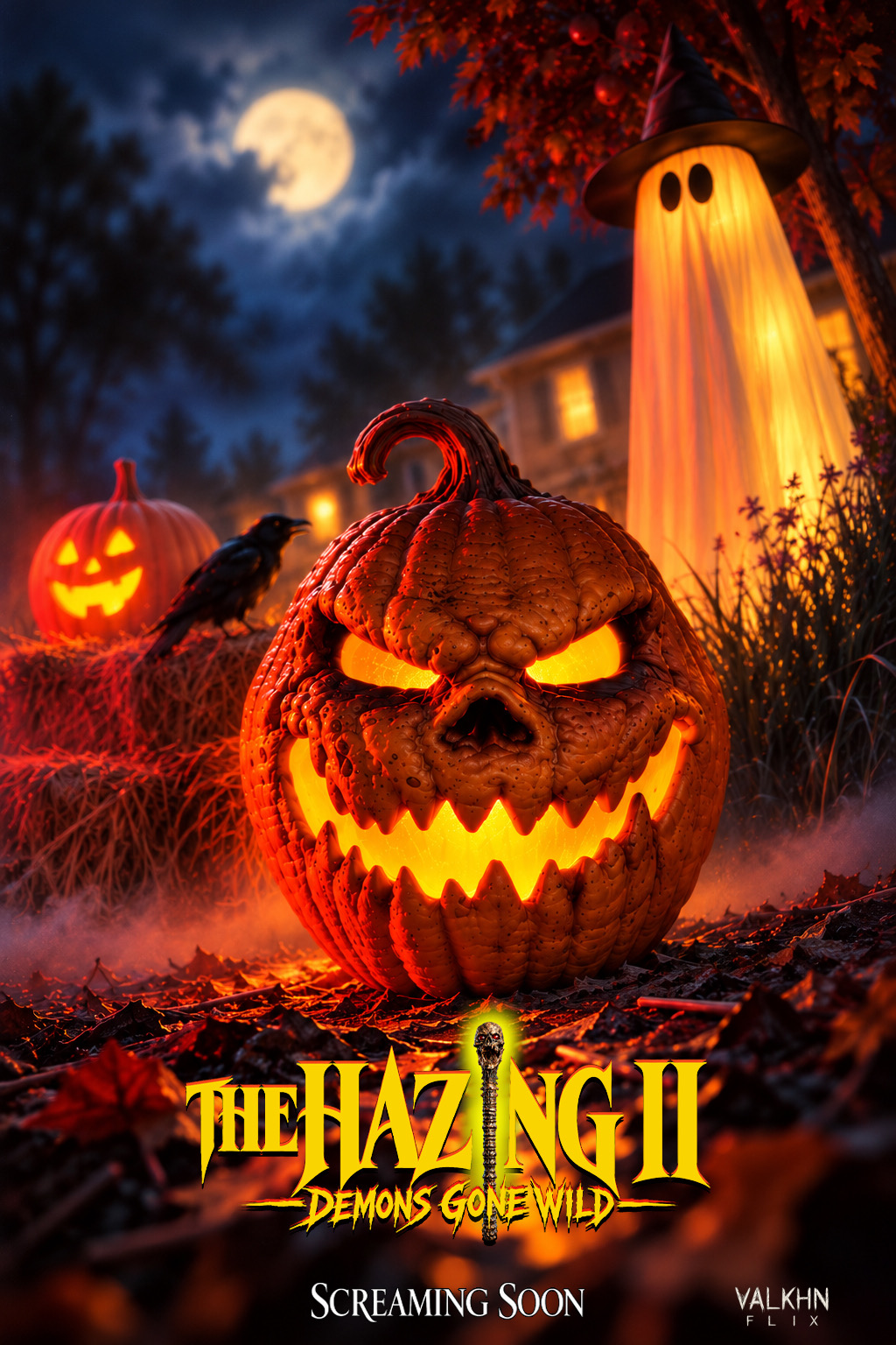 The Hazing II: Demons Gone Wild teaser poster. A snarling jack-o'-lantern glows under a full moon beside a ghost in a witch hat. Screaming Soon.
