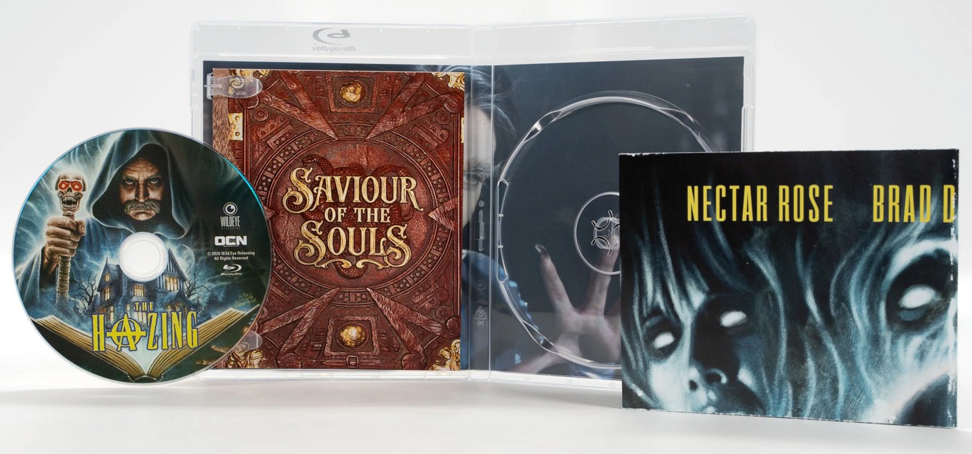 The Hazing Blu-ray opened to show the disc, a Saviour of the Souls book insert and a cast card