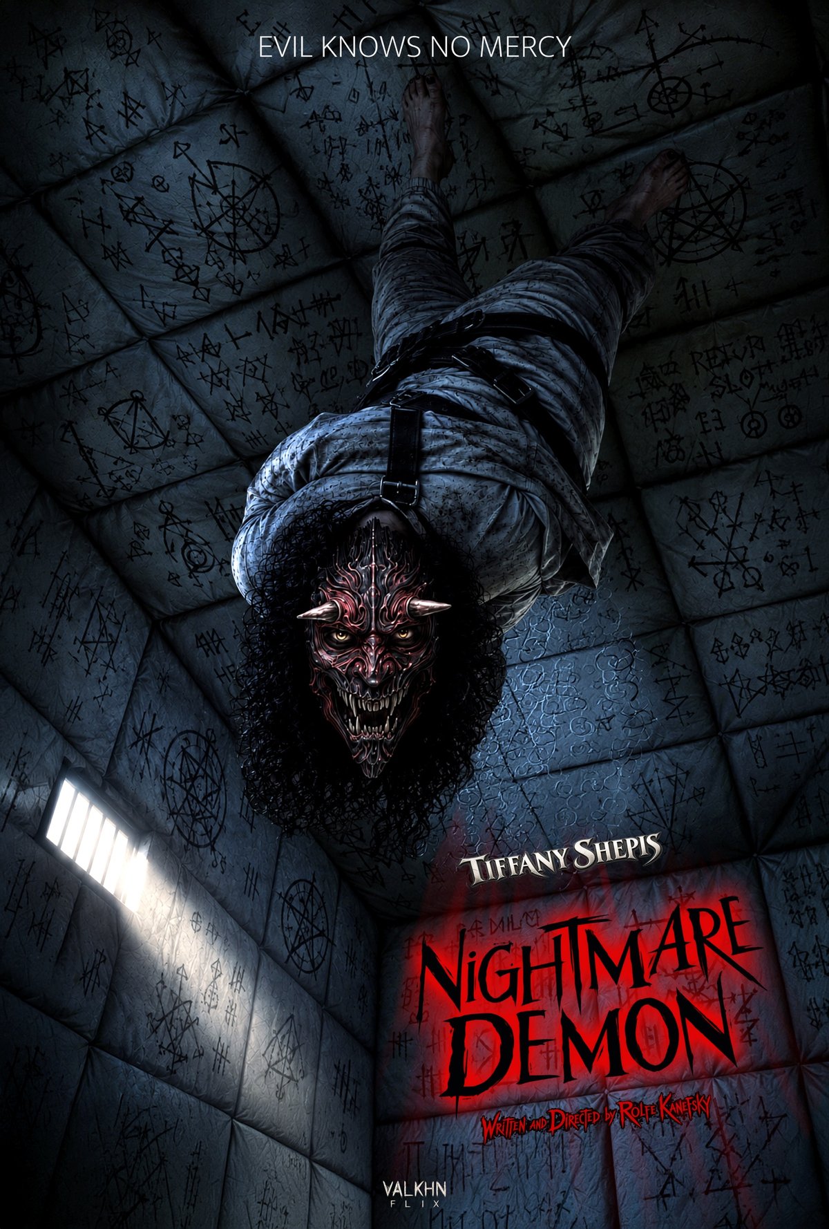 Nightmare Demon poster: Evil knows no mercy. A horned red demon in a straitjacket hangs upside down in a padded cell covered in occult symbols. Tiffany Shepis. Written and directed by Rolfe Kanefsky.